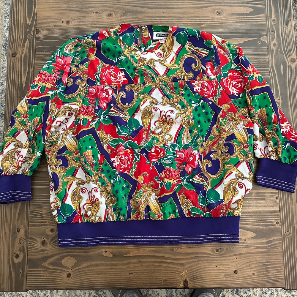 Women’s JoHanna York Floral Baroque Blouse L Red Green Metallic Trim USA